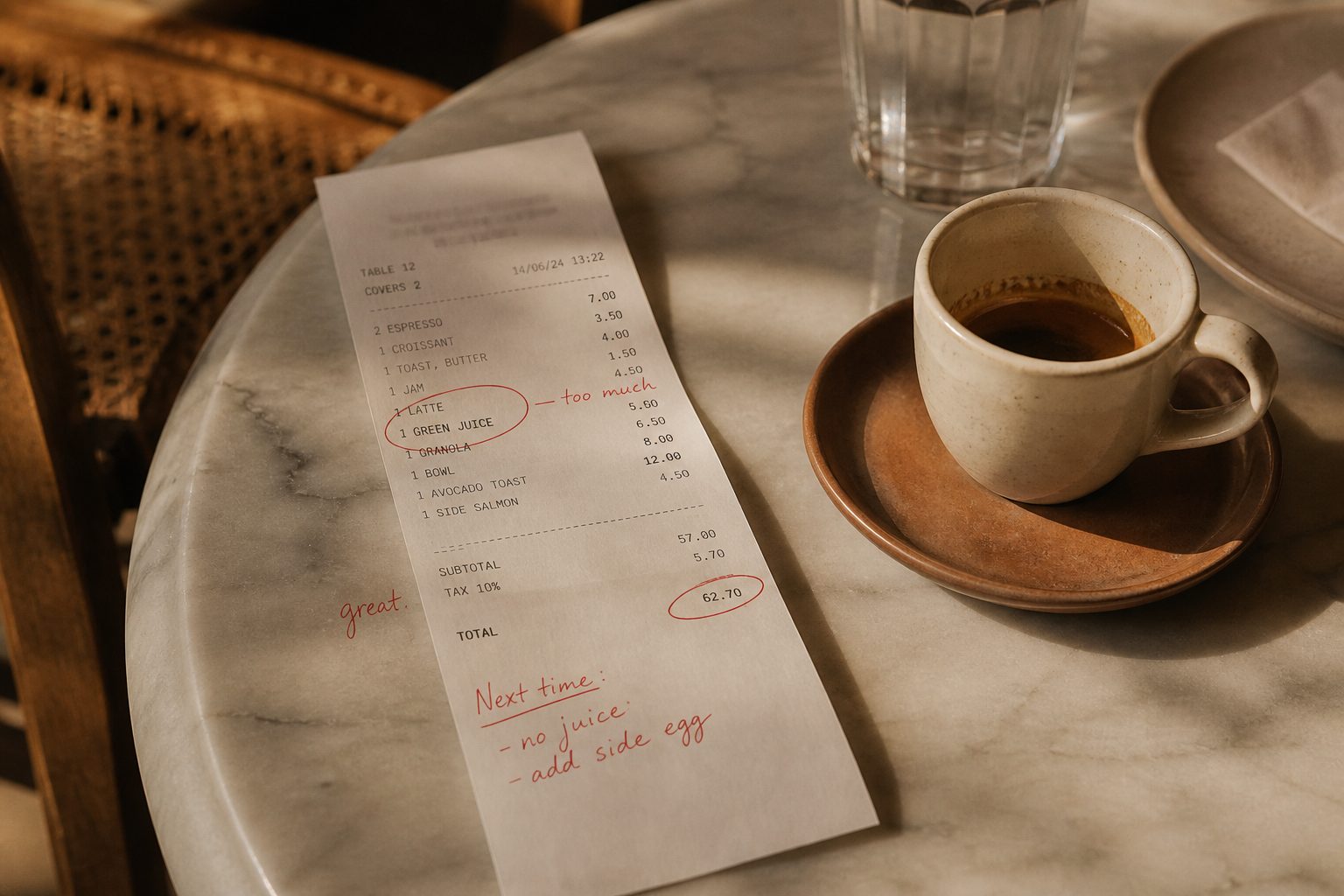A shopping receipt on a cafe table, failure points circled in red pen