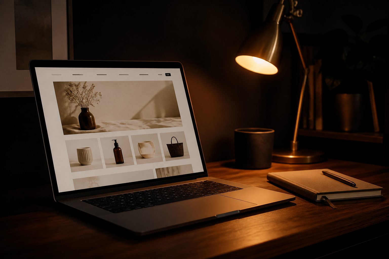 A laptop re-testing an online store at night, lit by a warm desk lamp
